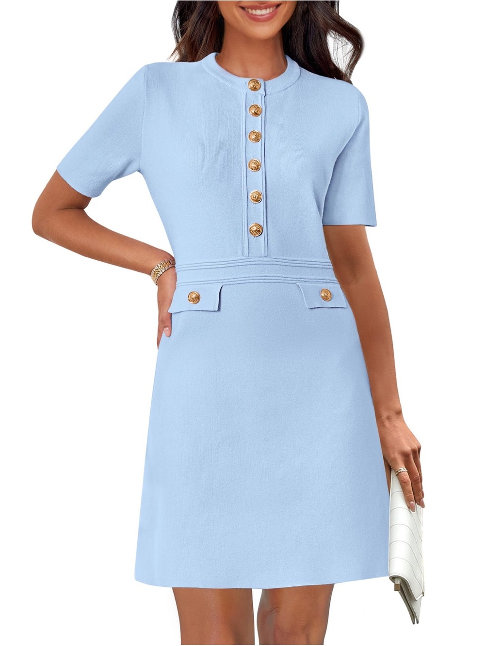BNWT 🩵 MEROKEETY Ribbed Knit Button-Front Body-Con Mini Dress